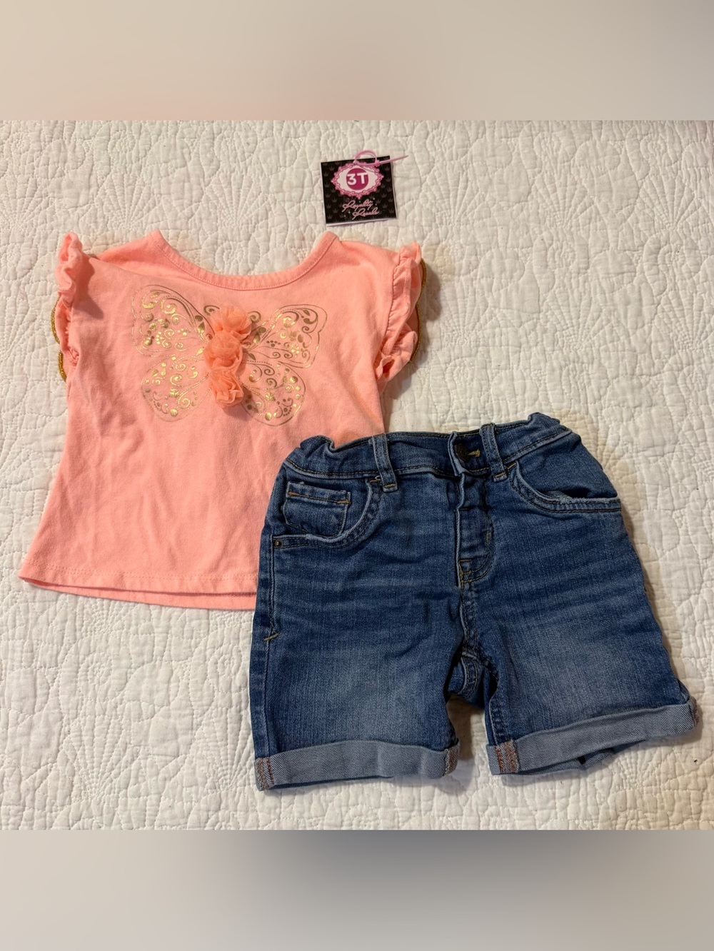 Cat & Jack Peach Butterfly Top and Denim Shorts Set